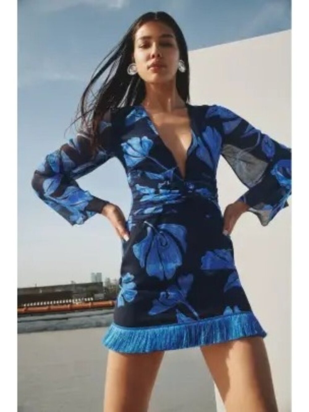 R-69. PatBO Nightflower Fringe Trim Mini Dress US 4